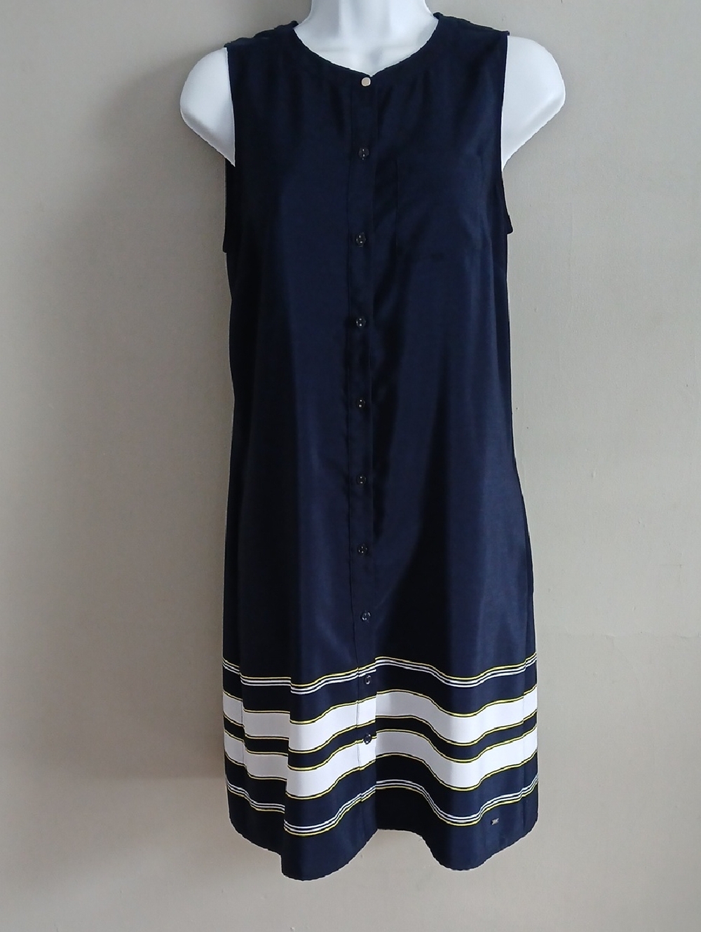 Tommy Hilfiger Navy Dress with White and Yellow Stripe Detail